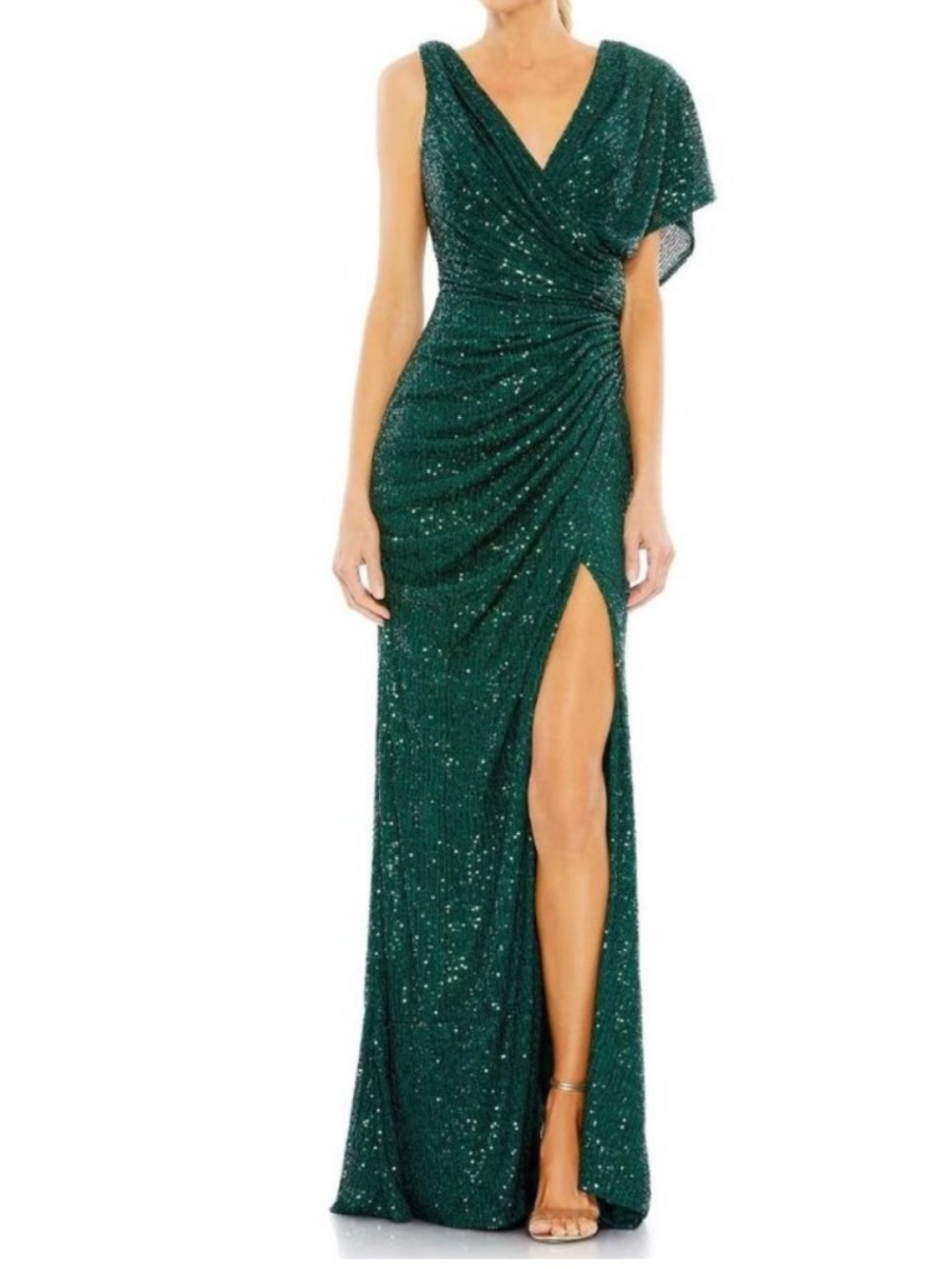 Mac Duggal Size 16 Style: 26988 Emerald Green Sequin Draped Evening Gown